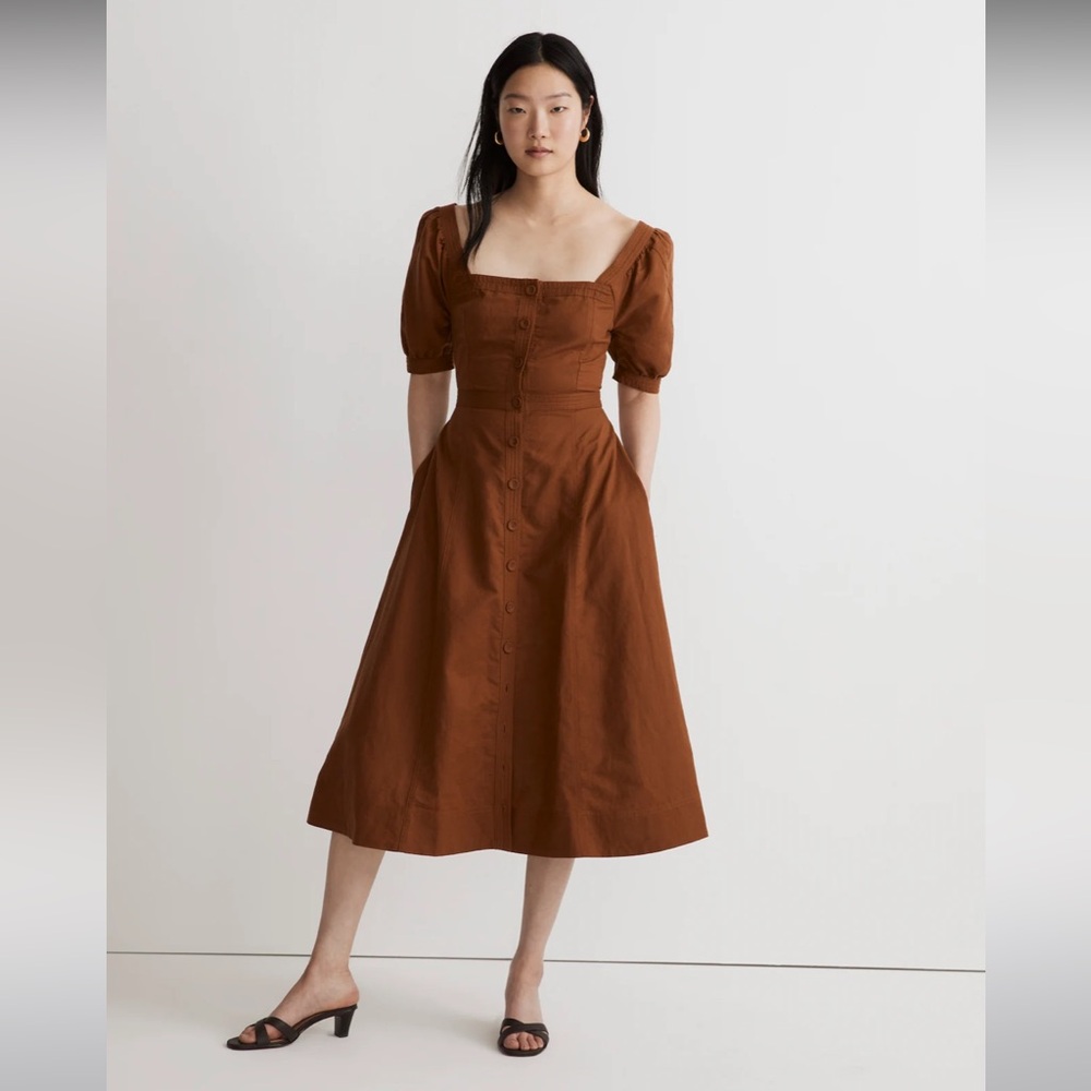Madewell Seamed Puff-Sleeve Midi Dress